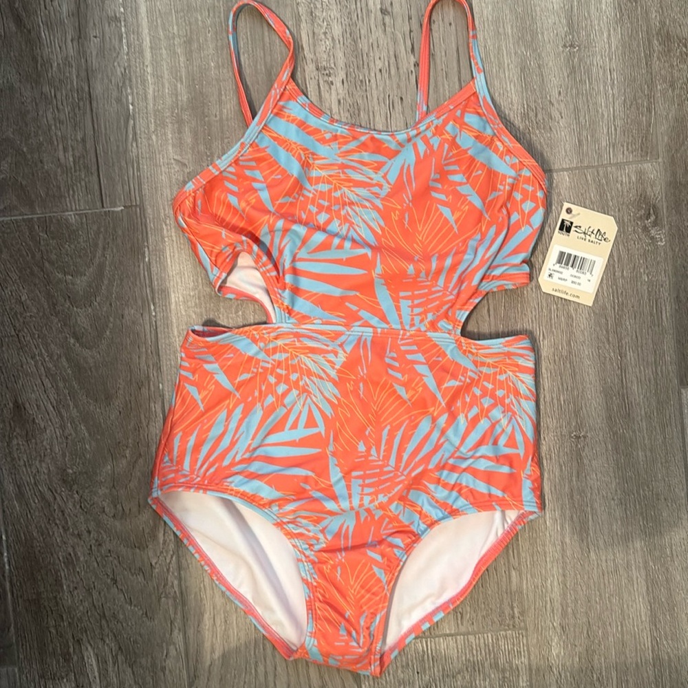 Salt Life Jungle Vibes Girls Size 16 Youth 1 Pc Swimsuit with Cut out sides